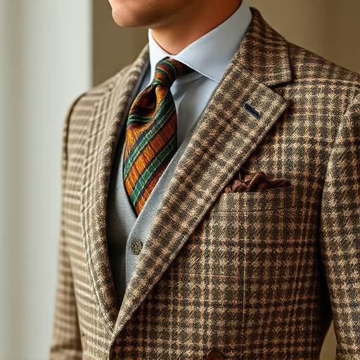 A bespoke tweed suit in earthy tones, offering a sophisticated and textured appearance.