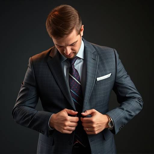 A client in a partially completed suit during a fitting, with a tailor making adjustments.