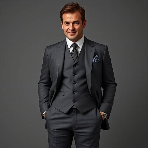 A distinguished gentleman in a perfectly fitted charcoal grey three-piece suit, standing confidently.