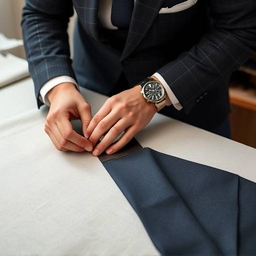 A tailor carefully cutting fabric for a custom suit.