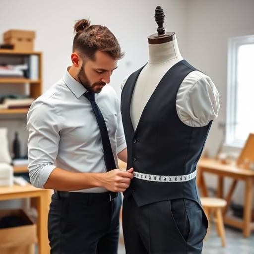 A tailor carefully taking precise body measurements of a client using a measuring tape.