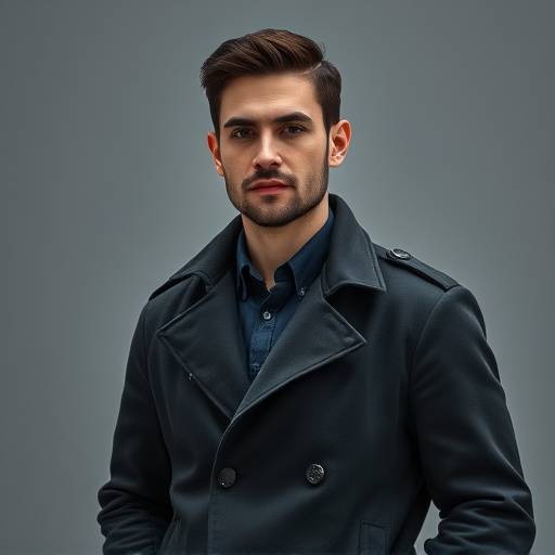 Man wearing a sophisticated dark grey technical fabric jacket with subtle tailoring.